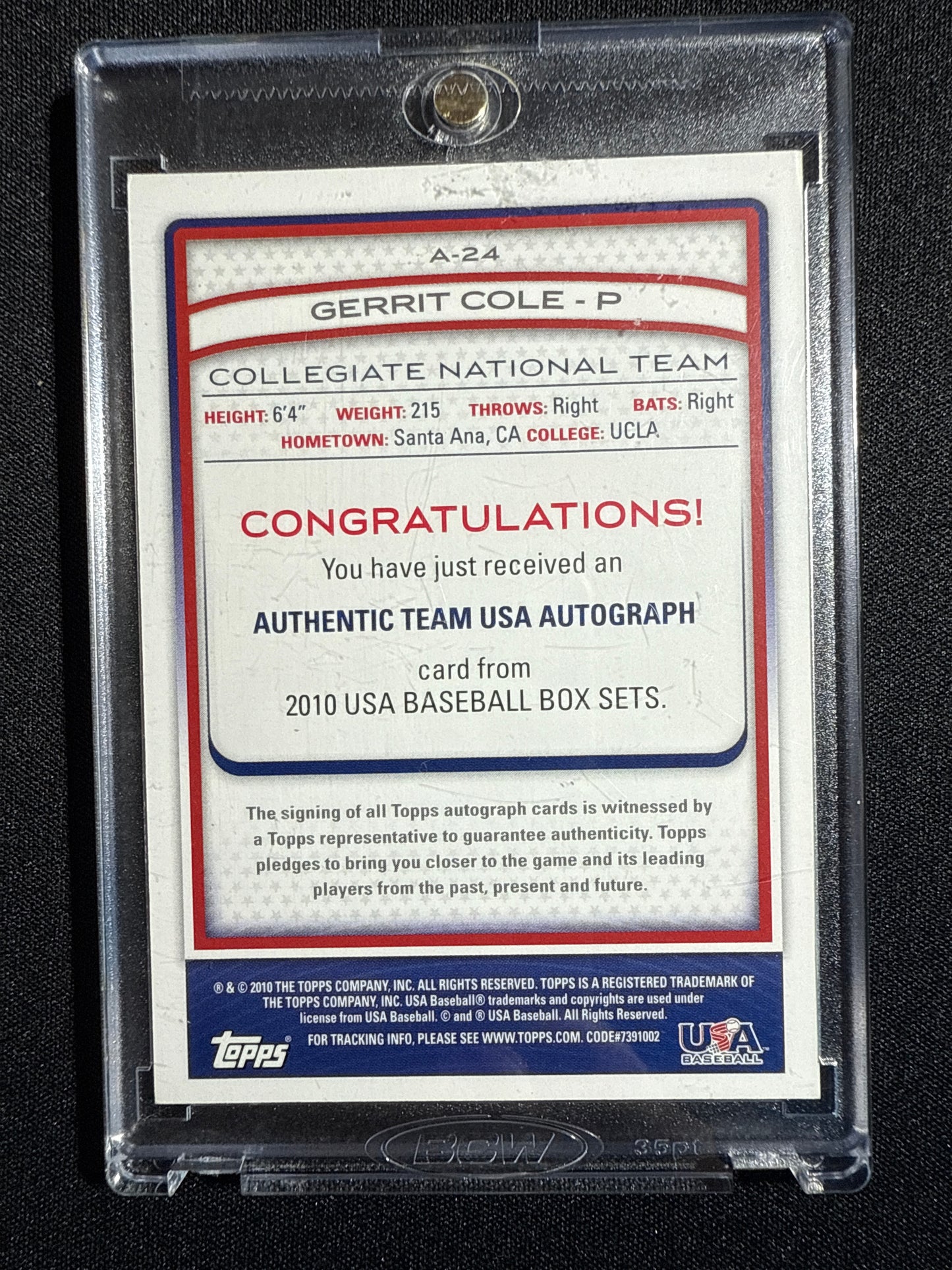 2010 Topps Collegiate National Team Gerrit Cole 59/99 #A-24