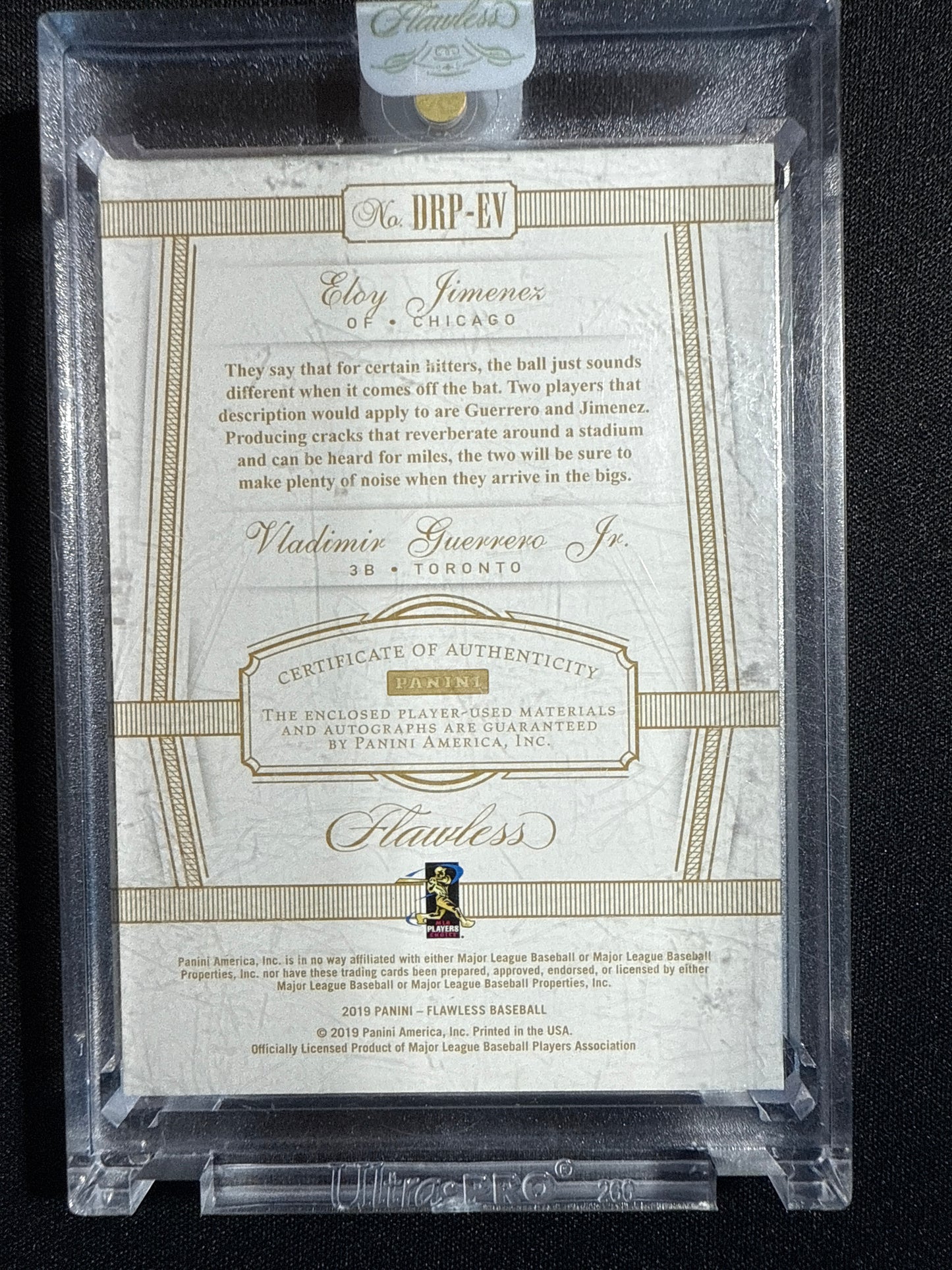2019 Flawless Guerrero Jr. & Eloy Jimenez Gold Dual Jersey RPA 07/10 #DRP-EV