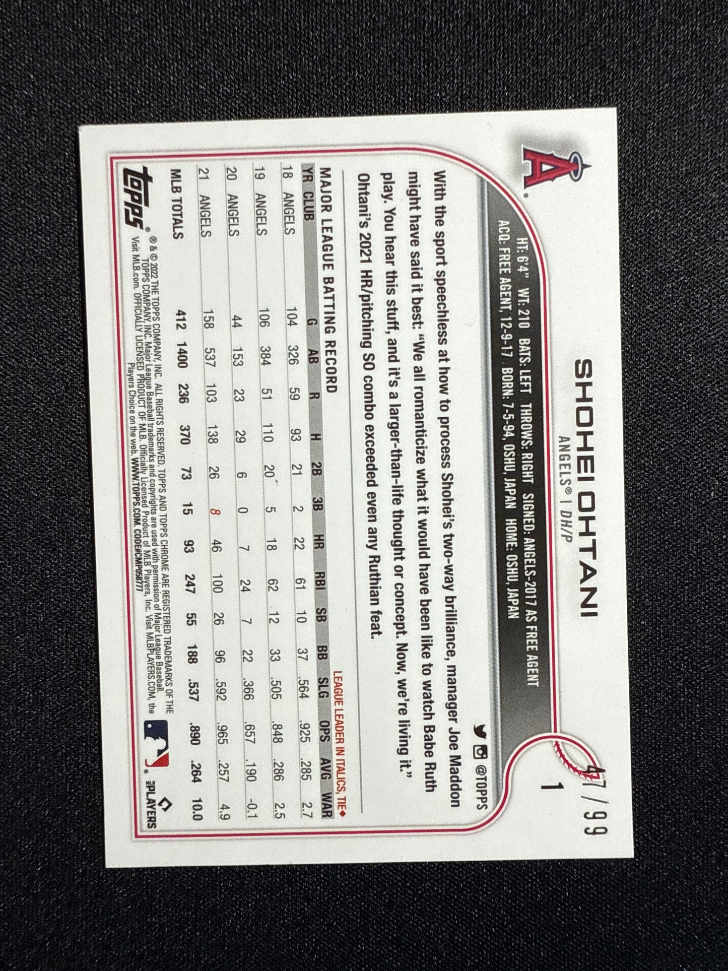2022 Topps Chrome Shohei Ohtani Green Refractor 47/99 #1